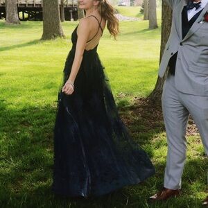 S Navy Lulus Prom Dress Floral Gown Sheer Overlay Cross-Back Spaghetti Straps